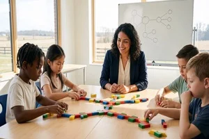 Kinder mit Lehrerin an einem Tisch