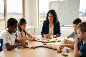 Kinder mit Lehrerin an einem Tisch