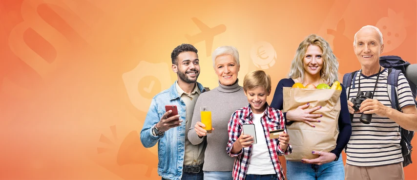 Collage: Fünf verschiedene Personen halten Gegenstände zum Thema Verbraucherschutz in den Händen